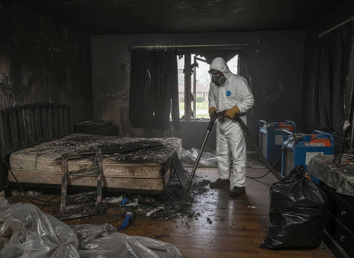 Bedroom fire damage cleanup in Winnetka